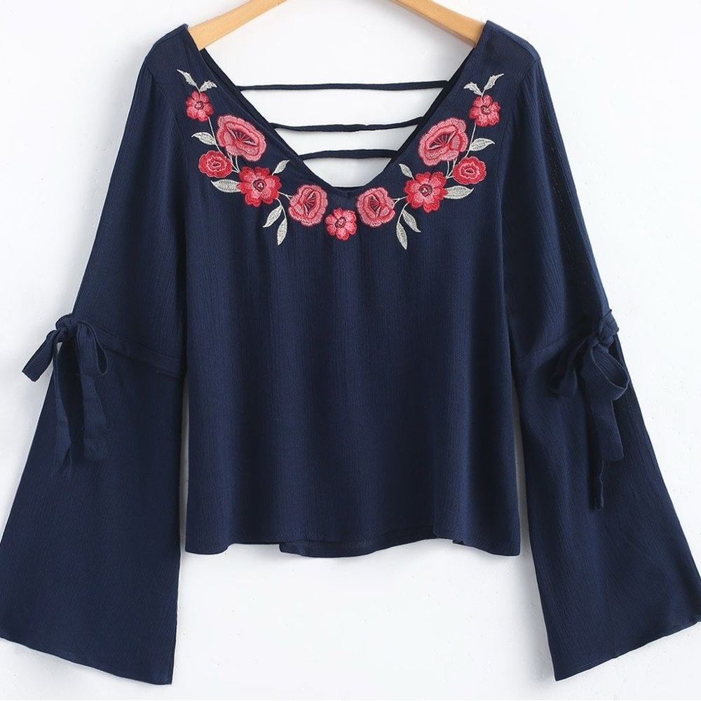 Hollister Navy Embroidered Boho Peasant Top with Bell Sleeves | Women’s XSmall